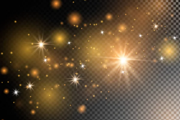 Die Staubfunken und goldenen Sterne leuchten mit speziellem Licht. — Stockvektor