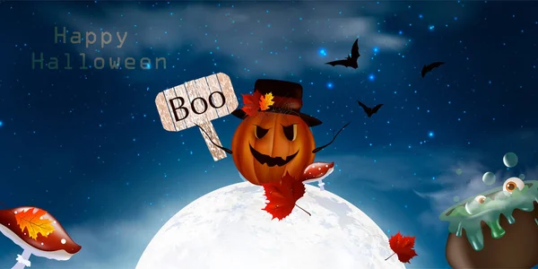 Buon Halloween. Boo! Un biglietto inquietante per Halloween. sfondo notturno con luna piena, lapidi, pipistrelli — Vettoriale Stock