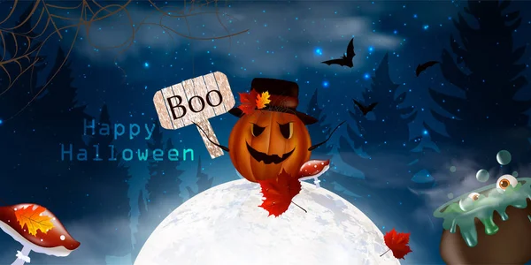 Χαρούμενο χελοουγουίν. Boo. Spooky κάρτα για τις Απόκριες. φόντο νύχτα με πανσέληνο, επιτύμβιες στήλες, νυχτερίδες — Διανυσματικό Αρχείο