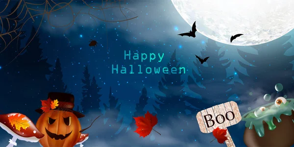Buon Halloween. Boo! Un biglietto inquietante per Halloween. sfondo notturno con luna piena, lapidi, pipistrelli . — Vettoriale Stock