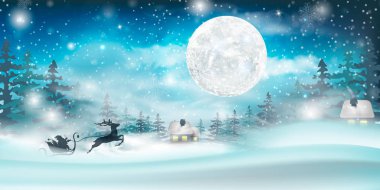 Düşen kar kış mavi gökyüzü, dolunay ile kar taneleri ile bir kış manzara. 