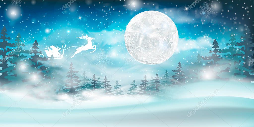 Winter blue sky with falling snow, snowflakes with a winter landscape with a full moon. 