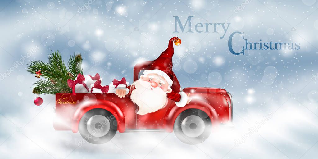 Merry Christmas and Happy New Year with red truck and christmas tree. Snowy forest on wooden background.