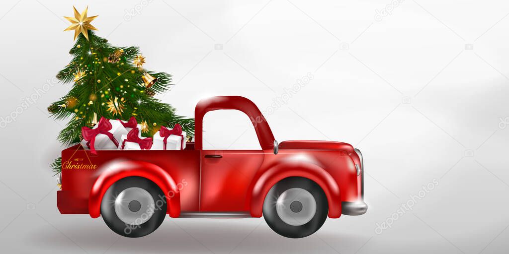 Merry Christmas and Happy New Year with red truck and christmas tree. Snowy forest on wooden background.