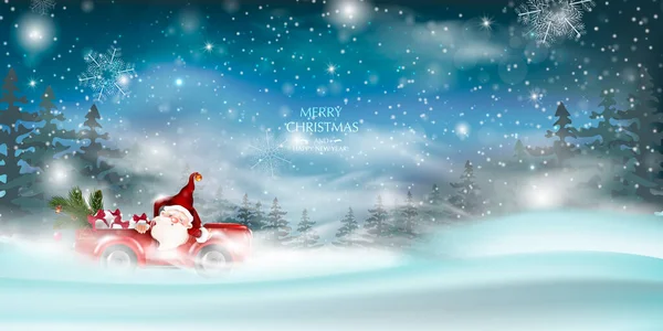 Весёлая Рождественская Открытка Санта Клаусом Рулем Красной Машины Снежных Холмах — стоковый вектор
