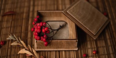 Hediye, sonbahar yaprakları ve ahşap arka planda böğürtlen