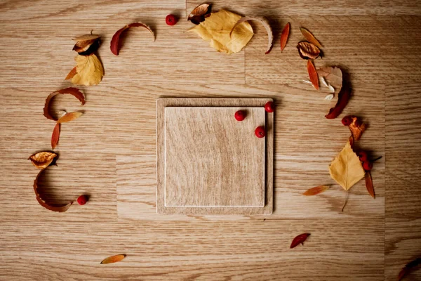 Rowan sobre fondo de madera Marco hecho de hojas secas de otoño . — Foto de Stock