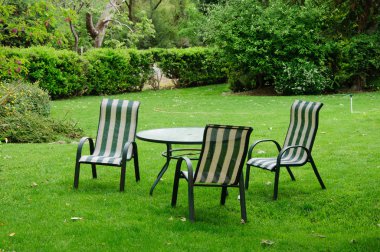Yeşil yaz arka bahçe çim, Masa ve sandalyeler ile