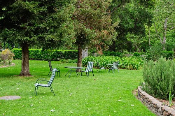 Grüner Sommergarten mit Gras, Tisch und Stühlen — Stockfoto