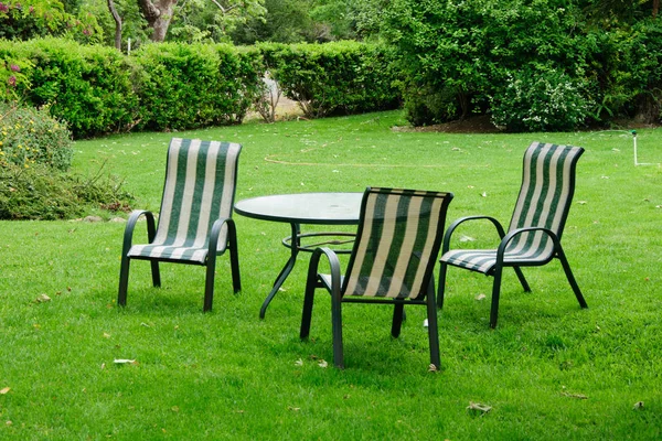 Jardin d'été vert avec herbe, table et chaises — Photo