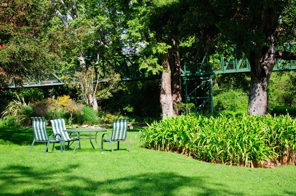 Yeşil yaz arka bahçe çim, Masa ve sandalyeler ile