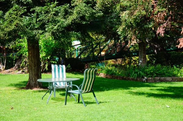 Jardim verde do quintal do verão com grama, mesa e cadeiras — Fotografia de Stock