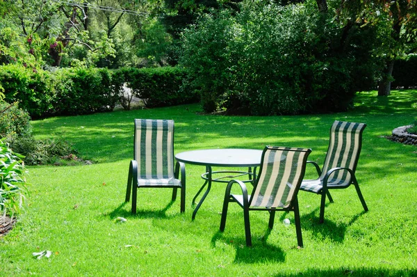 Jardim verde do quintal do verão com grama, mesa e cadeiras — Fotografia de Stock