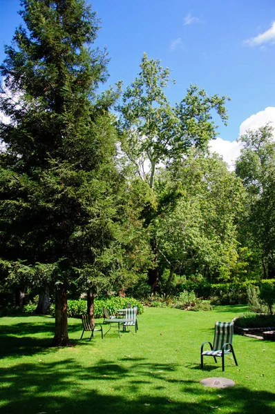 Grüner Sommergarten mit Gras, Tisch und Stühlen — Stockfoto