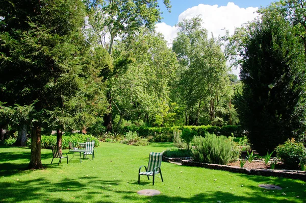 Grüner Sommergarten mit Gras, Tisch und Stühlen — Stockfoto