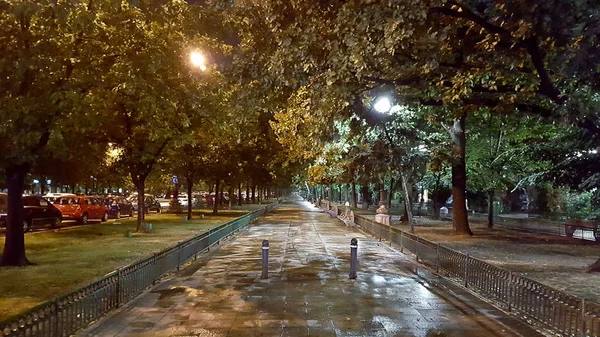 後ブカレストの夜の雨のプロムナード — ストック写真