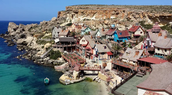Anchor Bay Malta Março 2015 Famosa Aldeia Popeye Com Casas — Fotografia de Stock