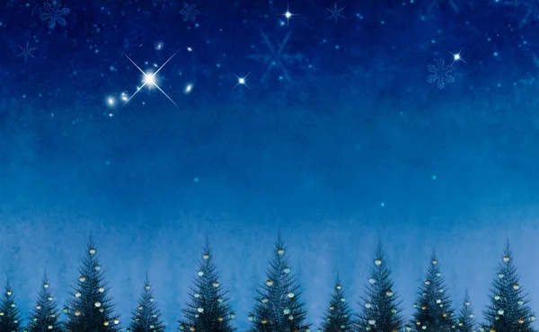 Színes Karácsonyi Háttér Dekoratív Fenyőfák Sötét Kék Csillagok — Stock Fotó