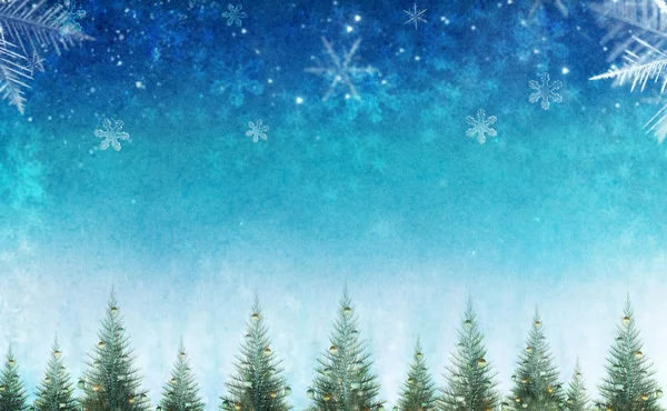 Bunte Weihnachtshintergrund Mit Dekorativen Kiefern Blauer Künstlerischer Hintergrund Mit Schneeflocken — Stockfoto