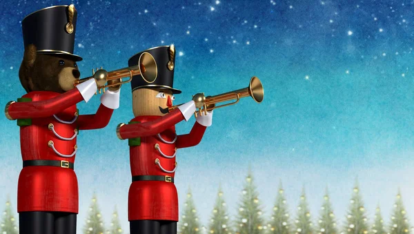 Fun Illustration Two Toy Soldiers Red Uniform Playing Trumpets Teddy — Stock Photo, Image