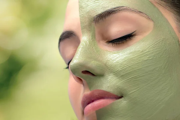 Macro Close Head Shot Attractive Woman Green Algae Facial Mask — Stock Photo, Image