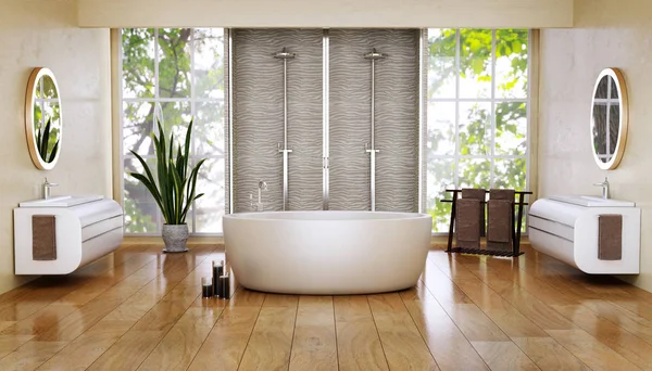Illustration Modern Bathroom Big Oval Bath Double Shower Natural Light — Stock Photo, Image