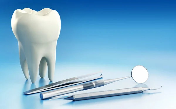 Ilustrace Nadměrné Velikosti Lidského Zubu Zubního Vybavení Modrém Pozadí — Stock fotografie