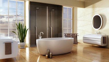 Büyük oval banyo ve büyük pencereler ve cilalı parlak kahverengi ahşap tahta zemin doğal ışık ile çift duş ile modern banyo 3d illüstrasyon  