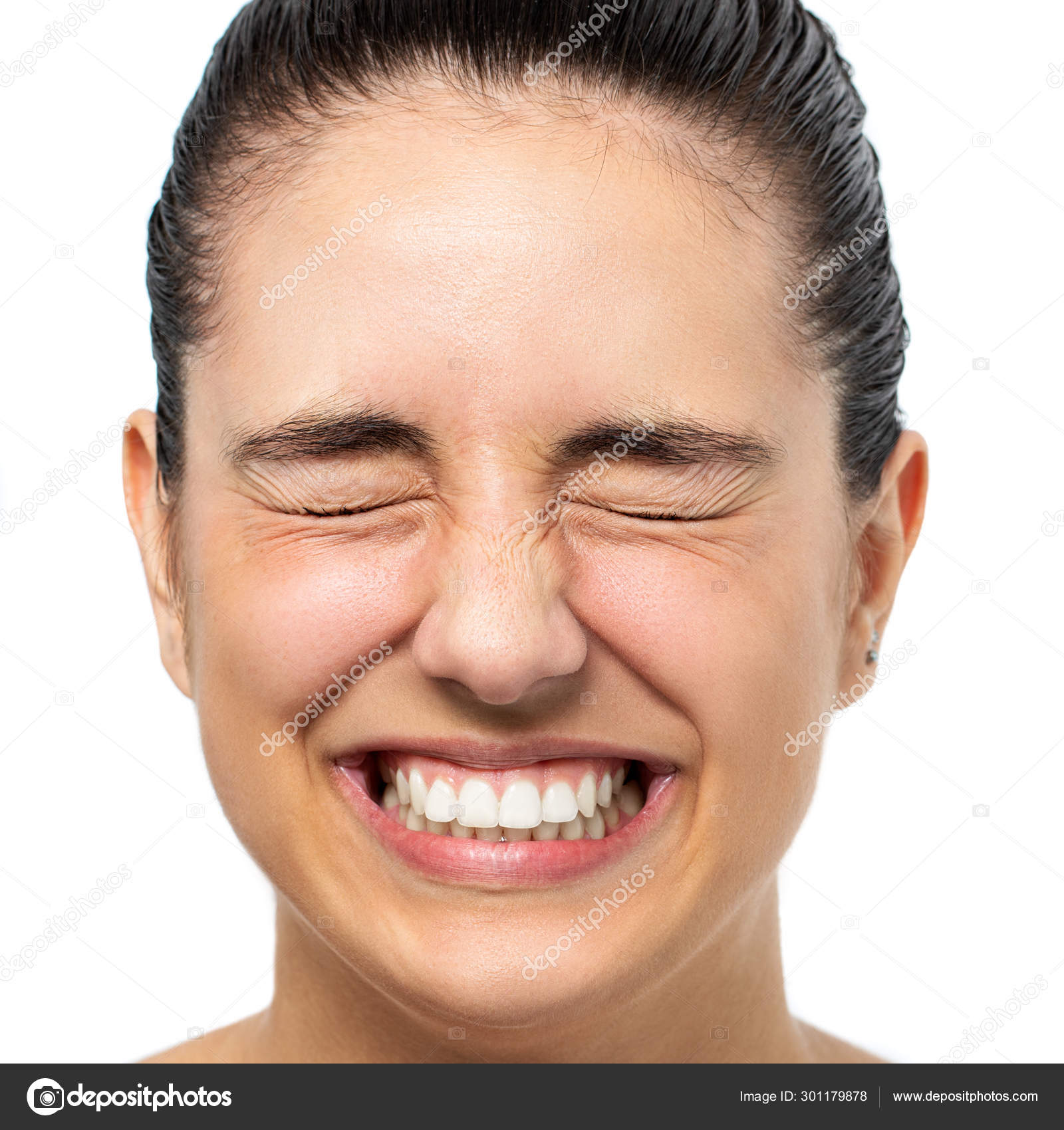 Close Face Shot Young Woman Eyes Closed Tensing Eyes Happy Stock