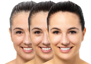 Close up portrait of conceptual young woman showing skin aging process. Three portraits of same girl with different ages and wrinkles. clipart