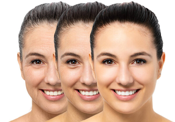 Close up portrait of conceptual young woman showing skin aging process. Three portraits of same girl with different ages and wrinkles.