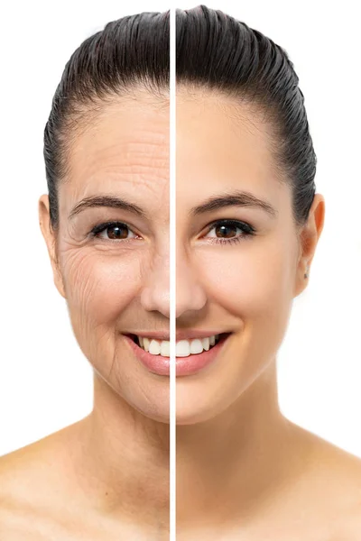 特写面部拍摄比较年轻女子显示皮肤老化 一半的脸与年轻和健康的皮肤旁边另一半与皱纹的老皮肤 在白色背景上隔离 图库图片