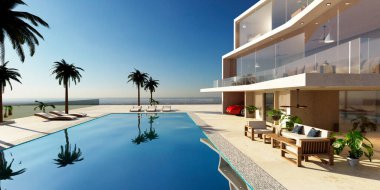 Özel yüzme havuzlu modern lüks evin 3 boyutlu çizimi. Sabahın erken saatlerinde serinlik alanı ve havuz etrafında palmiye ağaçları.