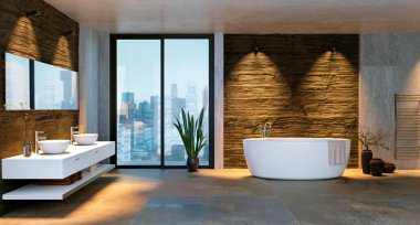 Mütevazı taş dokuları olan lüks şehir banyosunun üç boyutlu çizimi. Arka plandaki şehir binaları pencerelerden. Sert taş desenli duvara karşı yuvarlak küvet.