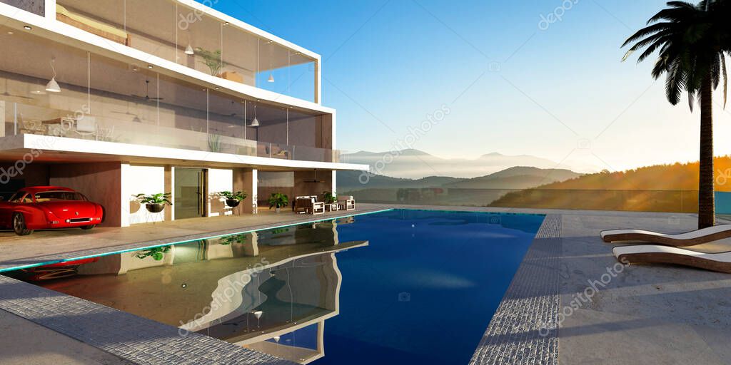 3D render of modern two story house with big swimming pool. Stylish house with garden furniture and sports car against mountain background.