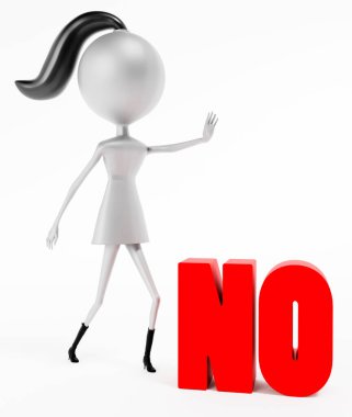 Üç boyutlu kadın çizgi film karakteri elle dur işareti yapıyor. Kızların yanında küçük harfli mesaj yok. Beyaz arkaplanda izole.