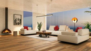 Modern oturma odasının 3 boyutlu iç tasviri. Sıcak şömine, beyaz deri kanepe ve günbatımı manzaralı kahve masası..