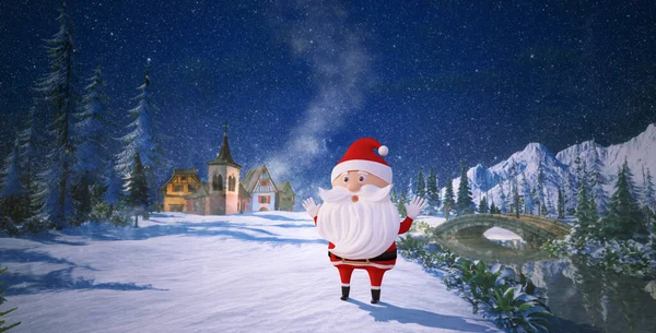Renderizado Santa Claus Personaje Dibujos Animados Pie Escena Invierno Nevado — Foto de Stock
