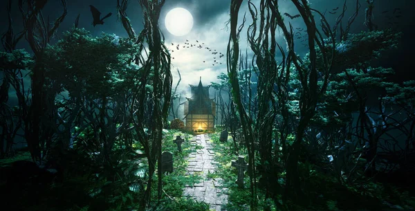 3D render of creepy foggy forest with house at end of path. Graveyard and with bats and birds flying around at moonlight.