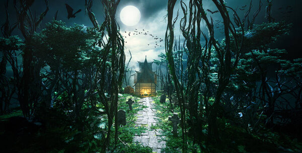 3D render of creepy foggy forest with house at end of path. Graveyard and with bats and birds flying around at moonlight.