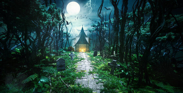 3D render of mysterious forest with path and house in background. Foggy full moon scene with bats and bird silhouettes in air.