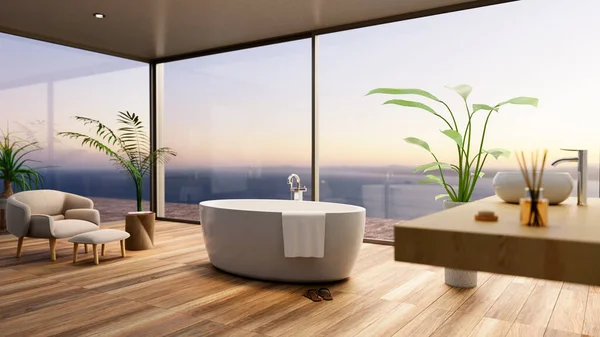 바다가 보이는 욕실의 욕조와 나무로 응접실로 바닥을 — 스톡 사진