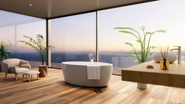 Ilustración Lujoso Baño Amueblado Con Vista Mar Escena Atardecer Con — Foto de Stock