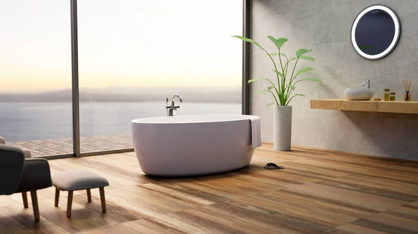 바다를 수있는 욕실의 렌더링 욕조와 나무로 응접실로 바닥을 — 스톡 사진