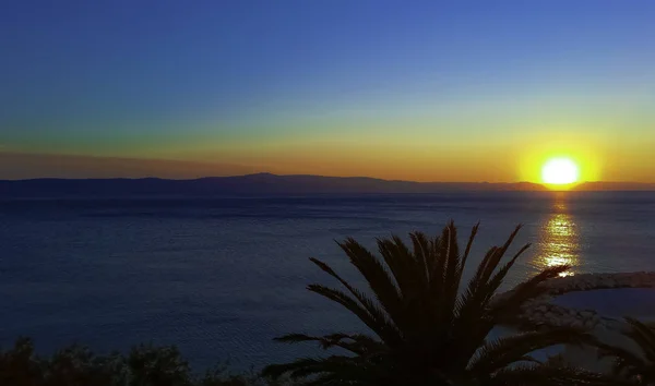 Pôr Sol Sobre Mar Adriático Podgora Makarska Riviera Dalmácia Croácia — Fotografia de Stock