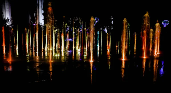 Illuminated Water Splash Night Torun Poland — Stock Photo, Image