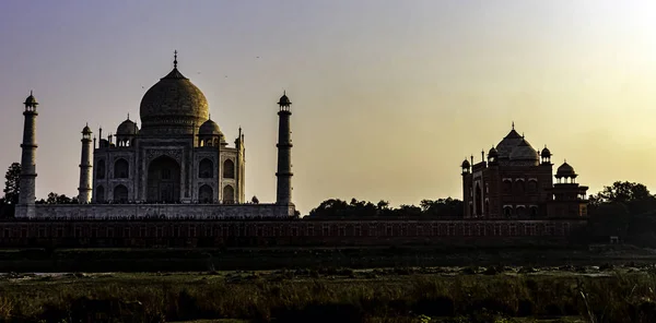 Pôr Sol Sobre Taj Mahal Agra Uttar Pradesh Índia Dezembro — Fotografia de Stock