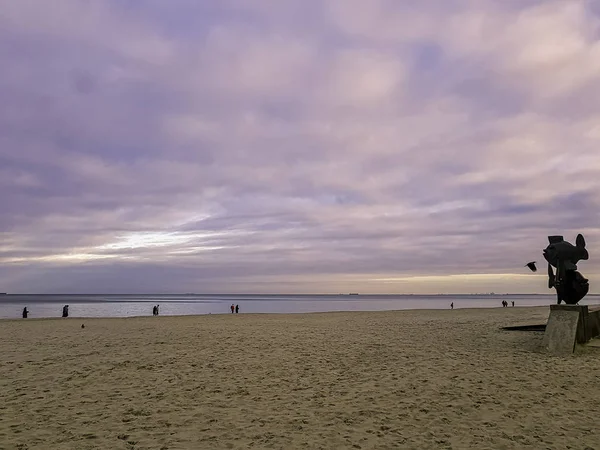 Coucher Soleil Sur Côte Polonaise Avec Monument Aux Poissons Mer — Photo