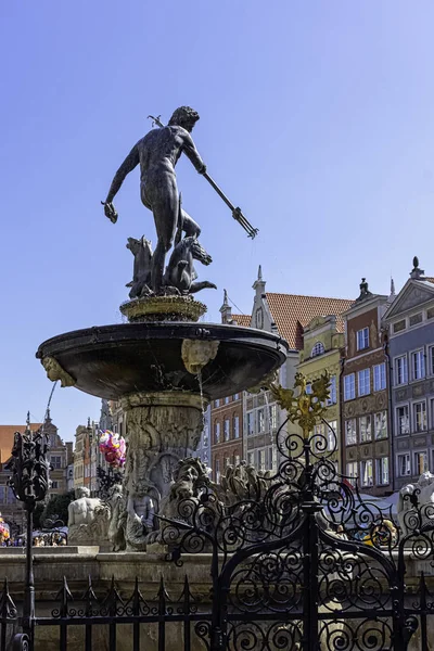 Neptunbrunnen Vor Der Historischen Architektur Der Altstadt Langer Markt Danzig — Stockfoto