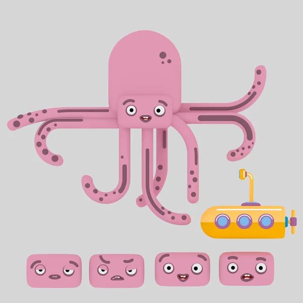 Pink Octopus Yellow Submarine Isolate Easy Automatic Vectorization Easy Background — Stock Photo, Image